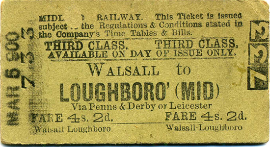 Midland Railway Walsall to Loughboro' third class ticket