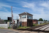 Hartlebury station signal box viewed from level crossing